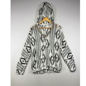 Boho‎ Tribal Lola Grace Womens 1X White Black Geometric Tassel Knit Hoodie